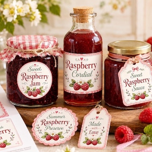 Raspberry Jar Labels: Cottage Kitchen Printable Tags (Jam, Syrup, Gift)