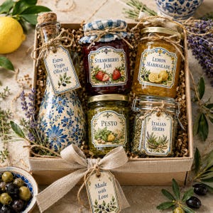 Może przedstawiać: Pudełko prezentowe wypełnione produktami dla smakoszy. Zawiera oliwę z oliwek extra virgin, dżem truskawkowy, marmoladę cytrynową, pesto i włoskie zioła. Pudełko jest ozdobione kokardą i etykietą z napisem "Made with Love".