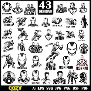 以下が含まれることがあります： 白黒のアイアンマンのデザイン43点のコレクション。アイアンマンのヘルメット、全身ポーズ、アイアンマンのロゴのイラストが含まれています。「IRON MAN」の文字が一部のデザインに含まれています。画像にはファイルの種類情報も含まれています。