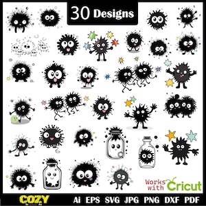 May include: A collection of 30 cartoon designs featuring black, fluffy characters with expressive eyes and various poses. Some characters hold stars or are in jars. The image includes the text "30 Designs" and "Works with Cricut".
