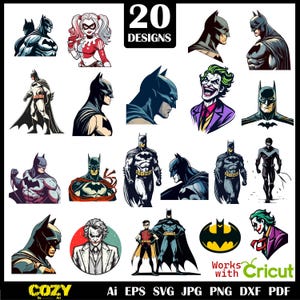 Può includere: Una collezione di 20 disegni a tema Batman, con Batman, Harley Quinn, Joker e Robin. Le illustrazioni sono in stile fumetto, con contorni decisi e colori vivaci. Il testo "20 DESIGNS" è in alto.