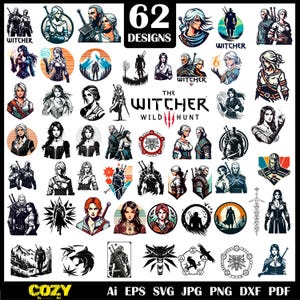May include: A collection of 62 designs featuring characters and symbols from The Witcher series. The designs include portraits, silhouettes, and emblems in black, white, and various colors. The text "Witcher" and "Wild Hunt" are also visible.