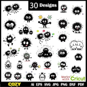May include: A collection of 30 whimsical black and white designs featuring cartoonish, fluffy creatures with expressive eyes. Some designs include stars and bottles. The text "30 Designs" is at the top. The image is compatible with Cricut.