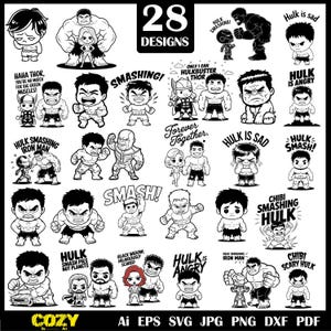 May include: Black and white digital art featuring 28 designs of the Hulk and other Marvel characters. The designs include various poses and expressions, with text such as "Smashing!" and "Hulk is Angry". Formats include AI, EPS, SVG, JPG, PNG, DXF, and PDF.