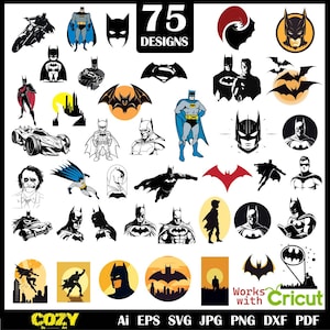 May include: A collection of 75 Batman-themed designs in various styles. The images include Batman logos, silhouettes, and illustrations of the character in action. The designs are in black, white, and yellow, with the text "75 DESIGNS" at the top.
