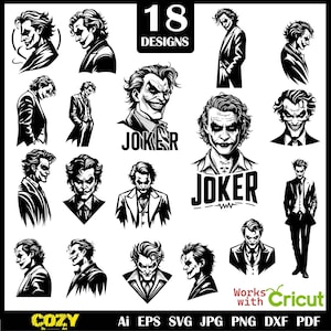 Könnte beinhalten: Eine Sammlung von 18 schwarz-weißen Joker-Designs. Die Designs umfassen Porträts und Ganzkörperillustrationen des Jokers in verschiedenen Posen. Das Wort "Joker" ist in einigen Designs enthalten. Das Bild enthält auch den Text "Works with Cricut".