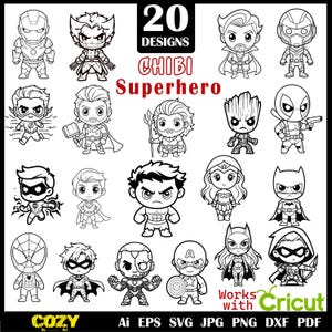 Puede incluir: Ilustración en blanco y negro con 20 diseños de superhéroes chibi. La imagen incluye personajes como Iron Man, Wolverine y Batman. El texto incluye "20 Designs", "Chibi Superhero" y "Works with Cricut".
