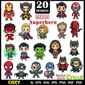 Puede incluir: Una colección de 20 diseños de superhéroes chibi en varios colores. La imagen incluye personajes como Iron Man, Wolverine y Capitán América. El texto incluye "20 Designs", "Chibi Superhero" y "Works with Cricut."
