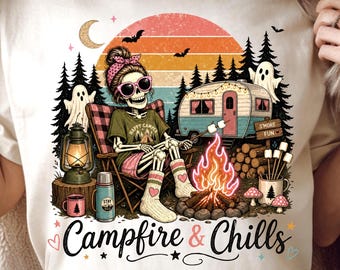 Campfire & Chills PNG, Summerween Halloween, Campfire PNG, Summer Skeleton, Camping Designs, Cute Camping Shirt, Nature Camping
