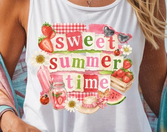 スイートサマータイムPNG、ストロベリーサマーシャツ、コケットサマー、ストロベリー美学、かわいいサマーガールシャツ、ジャンクジャーナル、昇華プリント