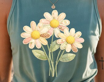 パッチワークデイジーPNG、コテージコアフラワー、ヴィンテージフローラルPNG、ファブリックフラワーデザイン、コケットコテージコア、フローラルPNG、昇華プリントダウンロード