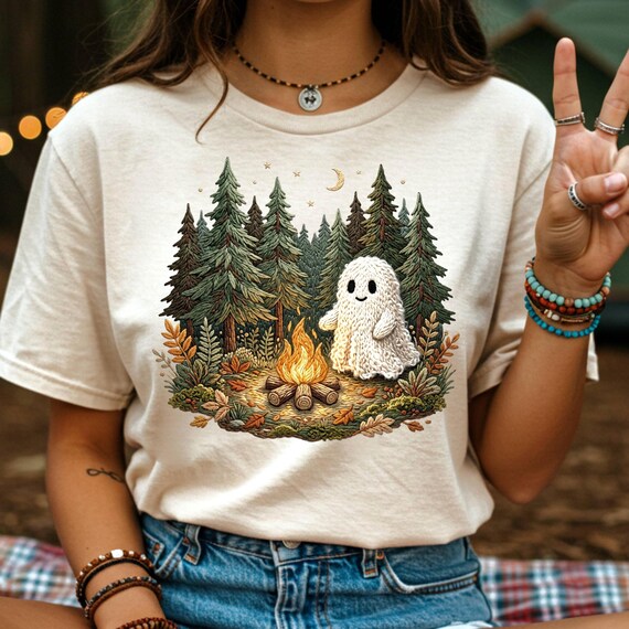 Knitted Ghost Camping PNG, Summerween Halloween, Summer Time PNG, Campfire PNG, Nature Sublimation, Nature Camping, Cute Camping Shirt