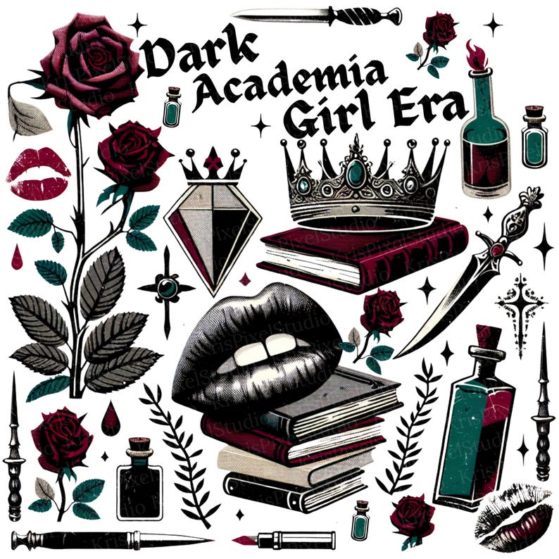 K&ouml;nnte beinhalten: Eine Illustration mit Elementen der Dark Academia. Das Bild zeigt Rosen, B&uuml;cher, eine Krone, Lippen, Dolche und Zaubertr&auml;nke. Der Text "Dark Academia Girl Era" ist in einer gotischen Schriftart auf wei&szlig;em Hintergrund dargestellt.