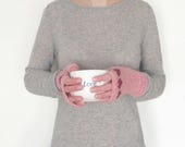 Pink heart gloves hand knit mitts fingerless mittens valentine gift girl teen women