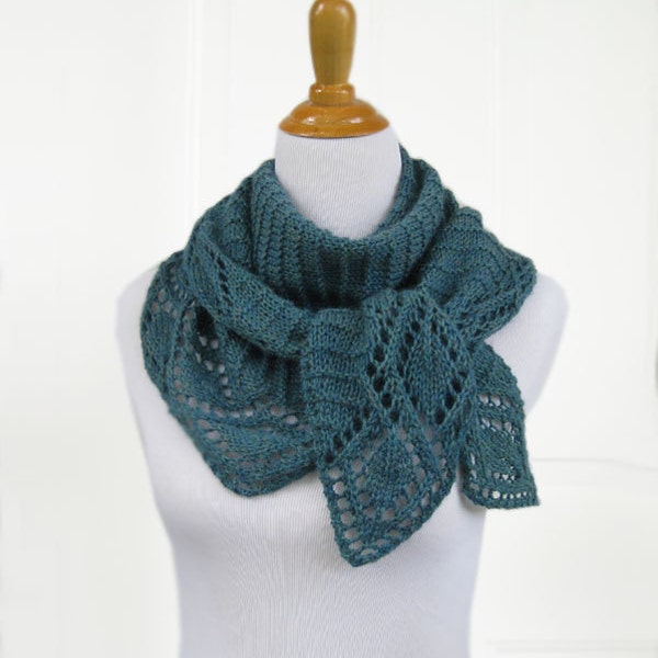 Long teal lace scarf hand knit leaf shawl green textured wrap gift women triangular