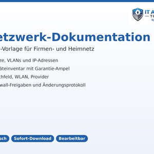 Network Documentation Excel Template | IP Plan, VLAN, Device Inventory, Patch Panel, Firewall Permissions | Network Plan for Companies, German