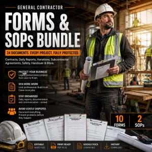 May include: A digital product bundle for general contractors featuring a construction worker in a hard hat and high-visibility vest holding a clipboard. The text reads General Contractor Forms & SOPs Bundle, 24 Documents, and lists various business forms.