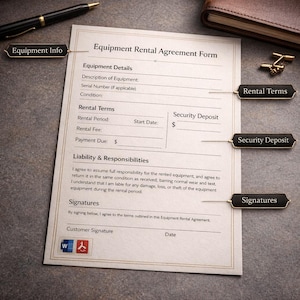 May include: An Equipment Rental Agreement Form on a gray surface, with a pen, a leather notebook, and gold cufflinks. The form includes sections for equipment details, rental terms, and signatures. The form is bordered with a gold trim.