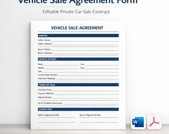 Private Car Seller -  Buyer Agreement | Vehicle Contract (Word & PDF