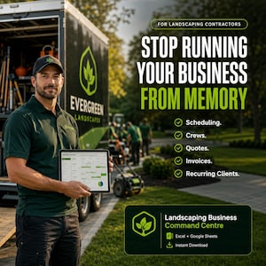 May include: A person wearing a dark green polo shirt and black cap holds a tablet displaying a schedule. Text reads: FOR LANDSCAPING CONTRACTORS, STOP RUNNING YOUR BUSINESS FROM MEMORY, Scheduling, Crews, Quotes, Invoices, Recurring Clients, Landscaping Business Command Centre, Excel + Google Sheets, Instant Download.