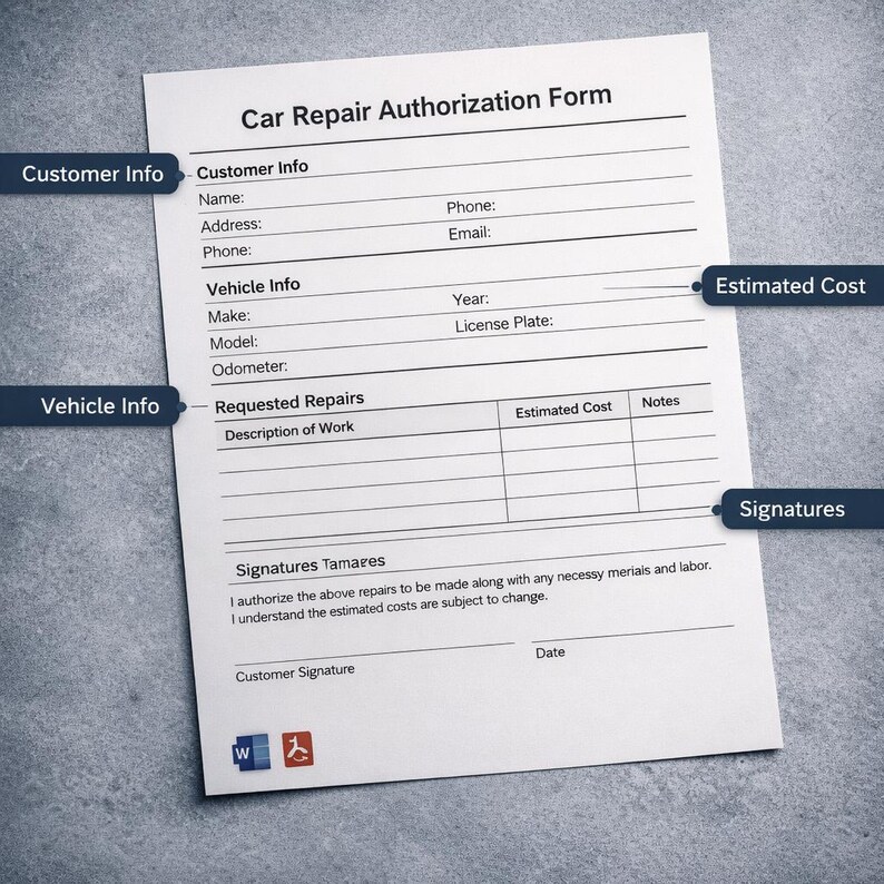 Car Repair Authorization Form | Editable Auto Shop Template (word & PDF ...