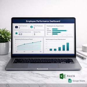 Op de afbeelding: Een laptop toont een "Employee Performance Dashboard" met grafieken en gegevensvisualisaties. Het scherm toont werknemermetrieken, kwartaaltrends en afdelingsuitsplitsingen. De laptop staat op een witte ondergrond.