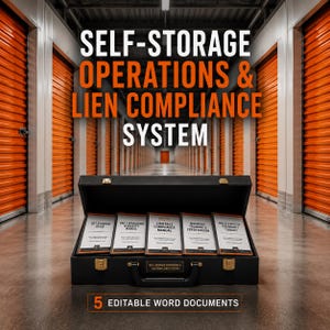 Betriebshandbuch für Self-Storage-Anlagen, Compliance-Kit für Pfandverkäufe, Schulungshandbuch für Manager, Mietvertrag für Mieter, Mehrere Anlagen.