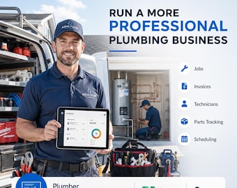 System zarządzania pracą hydraulika | Arkusze Google Excel | Śledzenie pracy, harmonogram faktur, panel materiałów