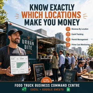 May include: A digital dashboard for a food truck business command center, compatible with Excel and Google Sheets. The interface displays revenue by location, event tracking, permit management, and prime cost monitoring for Urban Bite food truck.