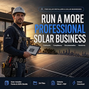 Könnte beinhalten: Ein digitales Dokumentenpaket für Solarinstallateure mit dem Text: FOR SOLAR INSTALLERS & SOLAR BUSINESSES, RUN A MORE PROFESSIONAL SOLAR BUSINESS, Contracts. Compliance. Documentation. Handover. Solar Installer Forms & SOPs Bundle, 24 Files, Editable Word + PDF, Instant Download.