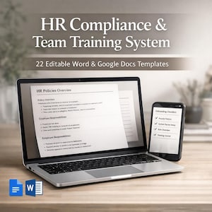 Może przedstawiać: Laptop i smartfon wyświetlające dokumenty HR. Ekran laptopa pokazuje dokument zatytułowany "HR Policies Overview". Smartfon wyświetla "Onboarding Checklist". Obraz zawiera tekst "HR Compliance & Team Training System."