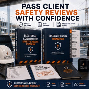 May include: Two dark blue binders labeled Electrical Contractor Safety & Health Program and Prequalification Forms Pack, a white hard hat, a black mug, and documents labeled Prequalification Checklist and Project Qualification Submission.