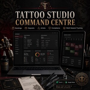May include: A digital dashboard titled Tattoo Studio Command Centre displayed on a laptop and tablet, featuring booking calendars, deposit trackers, and artist commission data. The interface includes icons for bookings, deposits, artists, and compliance.
