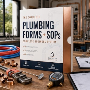May include: A white binder titled The Complete Plumbing Forms + SOPs Complete Business System with a copper spine. The cover lists 16 professional forms, 6 step-by-step SOPs, and 44 editable files, featuring the Built To Last Plumbing logo.