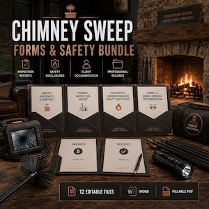 May include: A Chimney Sweep Forms & Safety Bundle featuring 12 editable Word and fillable PDF files. Includes inspection reports, safety disclosures, client documentation, professional records, service contracts, invoices, and receipts with icons.