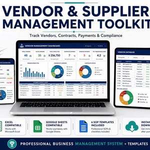 Puede incluir: Un kit de herramientas de gestión de proveedores en una laptop, tablet y smartphone. El panel muestra visualizaciones de datos, listas de proveedores y estados de contratos. Incluye iconos de Excel, Google Sheets, SOP y descarga inmediata.