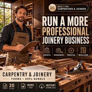 May include: A digital bundle for carpentry and joinery businesses featuring 20 Word and PDF files. The graphic includes text: Built for Carpenters & Joiners, Run a More Professional Joinery Business, Carpentry & Joinery Forms + SOPs Bundle.