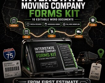 Interstate Moving Company Forms Kit, Bill of Lading Template, Household Goods Inventory, FMCSA Moving Forms, Valuation Coverage Waiver