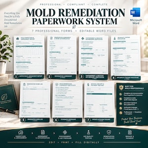 Könnte beinhalten: Ein digitales Formularsystem für die Schimmelpilzsanierung mit sieben professionellen, bearbeitbaren Microsoft Word-Dokumenten, darunter Inspektionsberichte, Sanierungsvereinbarungen, Prüfprotokolle und Rechnungsbelege.