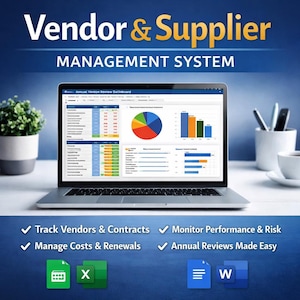 Op de afbeelding: Een laptop toont een dashboard met grafieken en gegevens, ter promotie van een Vendor & Supplier Management System. De tekst bevat: "Leveranciers & contracten volgen", "Kosten & verlengingen beheren", "Prestaties & risico's bewaken".