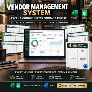 Vendor Management System + Document Pack | Excel & Google Sheets | Supplier Tracker, Purchase Order, Contract, Payment Log | Small Business