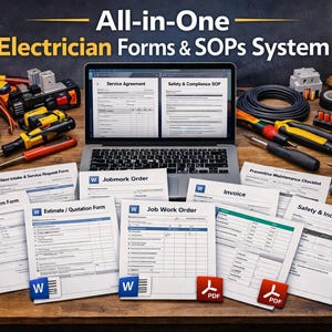 May include: An image showcasing an electrician's toolkit and forms. A laptop displays forms, surrounded by tools like screwdrivers, a multimeter, and gloves. The text reads "All-in-One Electrician Forms & SOPs System."