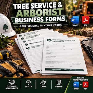 Könnte beinhalten: Ein Set aus sechs professionellen, druckbaren Geschäftsformularen für Baumpflege und Arboristik, darunter Arbeitsgenehmigungen, Baustellenbewertungen, Personaleinsatzpläne, Rechnungen, Quittungen und Notfallaufträge in Word- und PDF-Formaten.