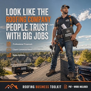 Op de afbeelding: Een advertentie voor een dakdekkersbedrijf-toolkit met een persoon in een donker poloshirt, spijkerbroek en veiligheidsharnas op een dak. Tekst: LOOK LIKE THE ROOFING COMPANY PEOPLE TRUST WITH BIG JOBS, Professional Proposals, Client Communication, Sales Systems, ROOFING BUSINESS TOOLKIT, PDF + WORD INCLUDED.