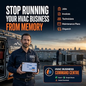 Könnte beinhalten: Eine digitale Werbeanzeige für ein HLK-Geschäftsverwaltungstool mit dem Text STOP RUNNING YOUR HVAC BUSINESS FROM MEMORY. Sie listet Funktionen wie Jobs, Invoices, Technicians, Maintenance Plans und Dispatch auf einem Tablet auf.
