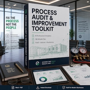 May include: A Process Audit & Improvement Toolkit box set featuring 8 professional templates and 16 editable files. The set includes a notebook, a tablet displaying performance charts, a pressure gauge, and documents with audit data.
