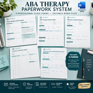 Può includere: Un sistema di documentazione per terapia ABA con cinque moduli clinici professionali in file Word modificabili. Include un modulo di ammissione e consenso, note di sessione, rapporti sugli incidenti, schede di dati e interviste ai genitori.