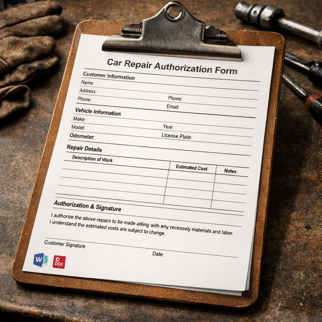 Car Repair Authorization Form | Editable Auto Shop Template (word & PDF ...