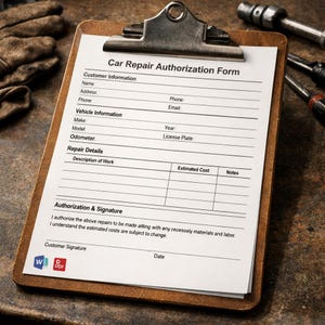 Puede incluir: Un portapapeles de madera con un clip de metal que contiene un "Formulario de autorización de reparación de automóviles". El formulario incluye secciones para la información del cliente y del vehículo, los detalles de la reparación y la autorización.