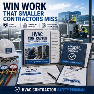 May include: An HVAC contractor safety and health program binder set including an approved contractor package, project award document, qualification review, safety hard hat, protective glasses, and a manifold gauge set with blue, red, and yellow hoses.
